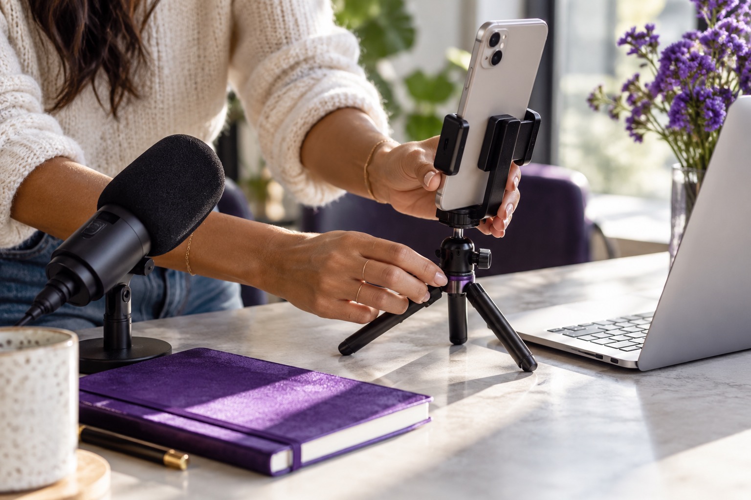 A phone on a tripod beside a microphone and violet notebook