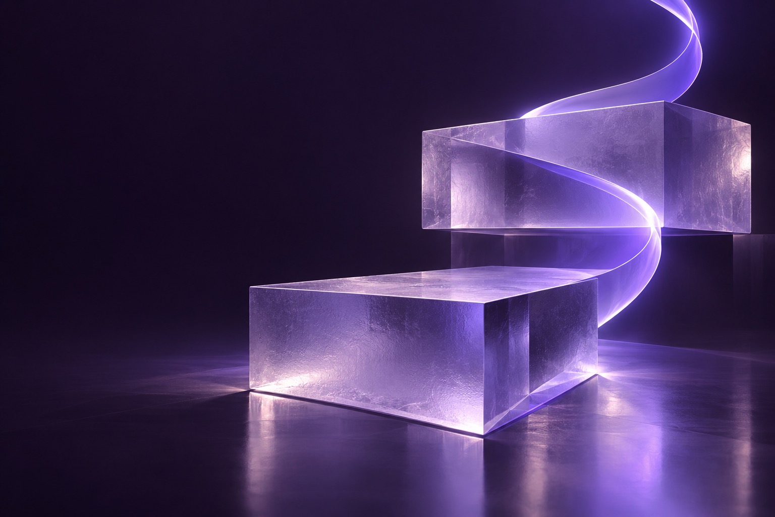 Translucent violet glass forms connected by a rising ribbon of light