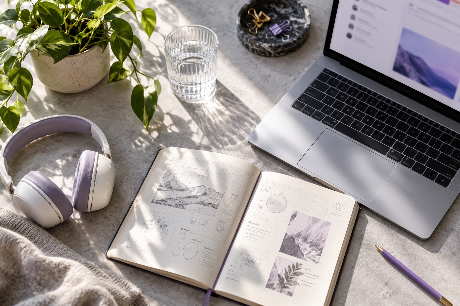 An inviting remote-work desk with a laptop and notebook